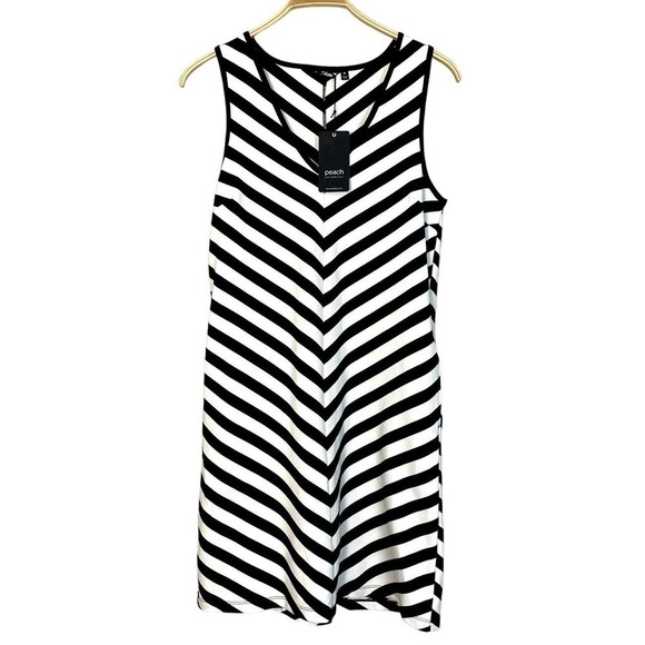 Peach KAMEO DRESS sz MEDIUM Sleeveless Black / White Stripe Pockets Slimming NEW - Picture 1 of 5